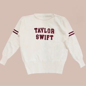 Taylor Swift Varsity Knit Sweater in Ivory Cream and Maroon Burgundy